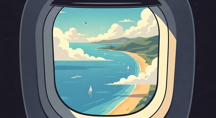 Fototapeta premium A vintage retro illustration of a beach viewed from an airplane window showing a serene landscape.