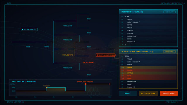 Futuristic infrastructure drift detector blueprint with node network, desired and actual state panels, critical alert and timeline on dark grid UI
