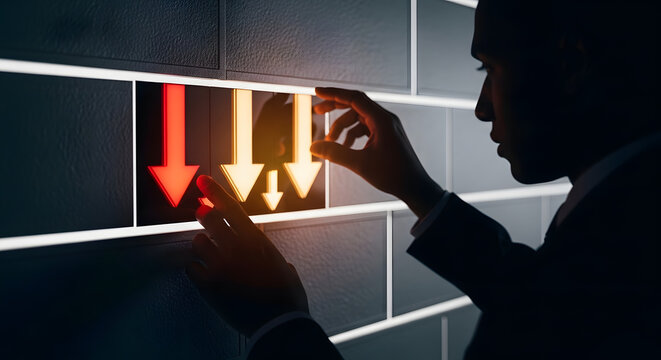 Person interacting with glowing red and orange digital arrow interface