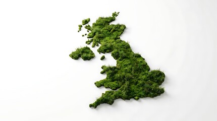 Obraz premium Detailed overhead view of the United Kingdom map crafted from vibrant green moss on a clean white background.