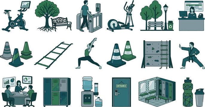 Fitness and gym facility icons, 18 flat vector elements for sports center management, exercise equipment and wellness club amenities