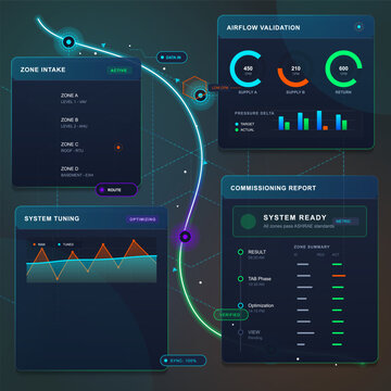 Futuristic HVAC checklist dashboard with zone intake, airflow validation gauges, system tuning chart and commissioning report panels on dark UI