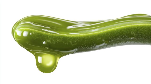 Vibrant green drop of viscous liquid against white background