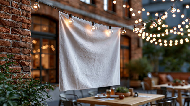 Wide blank white fabric banner mockup hanging flat against the full width of a rustic exposed brick wall in an urban outdoor event space empty white surface ready for