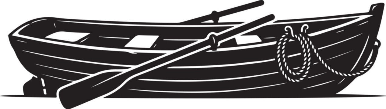 Black boat, rowing boat, vector illustration, nautical icon, rope and oar