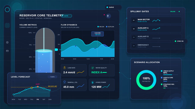 Futuristic reservoir telemetry dashboard with volume gauge, flow dynamics chart, spillway gate status, level forecast, and allocation donut.