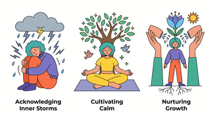 Fototapeta premium A harmonious triptych illustrating self-awareness, mindfulness, and nurturing growth concepts, showcasing emotional stability and personal development through artistic representations.