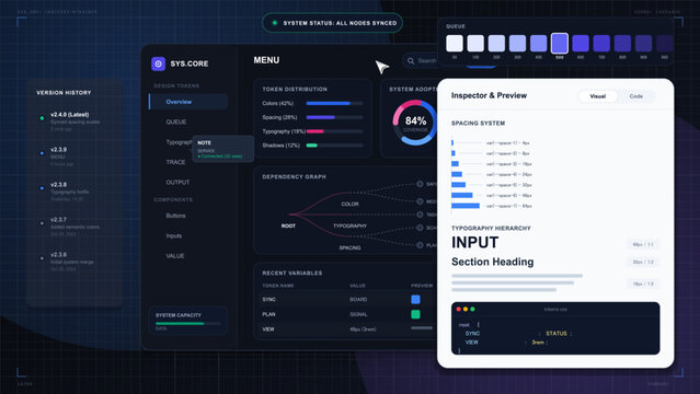 Futuristic CSS design token manager dashboard with version history, token distribution charts, dependency graph, spacing preview, and code panel.