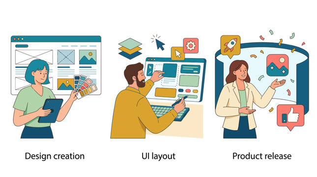 This image illustrates the process of UI design and product development, highlighting the journey from initial design creation to final product release and user engagement.