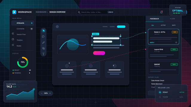 Dark design feedback annotation dashboard with central artboard mockup, node comments, sidebar status gauge, chart, release log, and export panel.