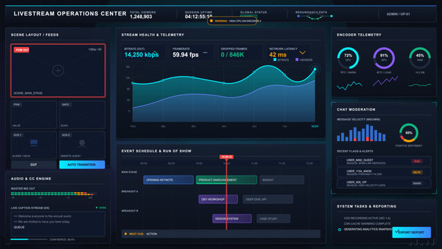 Dark livestream operations dashboard with scene feeds, stream health chart, encoder telemetry, chat moderation, audio captions, and event schedule.