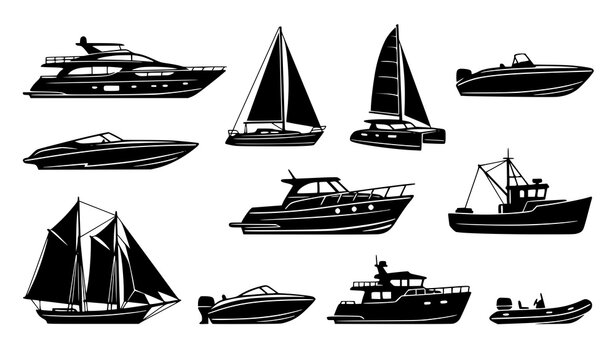 Set of black silhouettes representing different types of ships and luxury yachts.