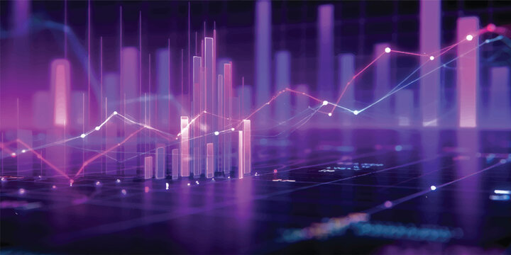 A digital blue technology monitor displays an abstract stock market graph and data chart alongside a medical heartbeat pulse wave for business growth and health finance tracking