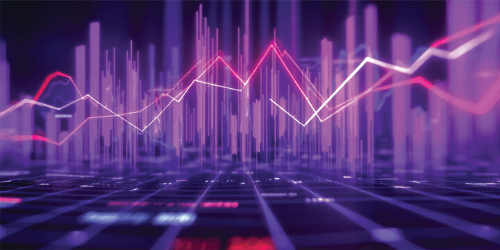 An abstract digital illustration of a blue stock market graph and medical EKG heart pulse line displaying financial data on a red background