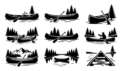 Emblems: Silhouette set of forest landscapes, tents, and canoes for camping themes. © MstNadiya