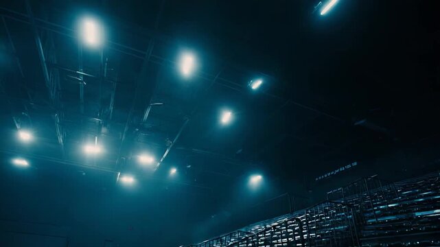 Empty bleacher seats and metal railings filling a dark arena, illuminated by glowing overhead lights, creating an atmosphere of anticipation or downtime for events