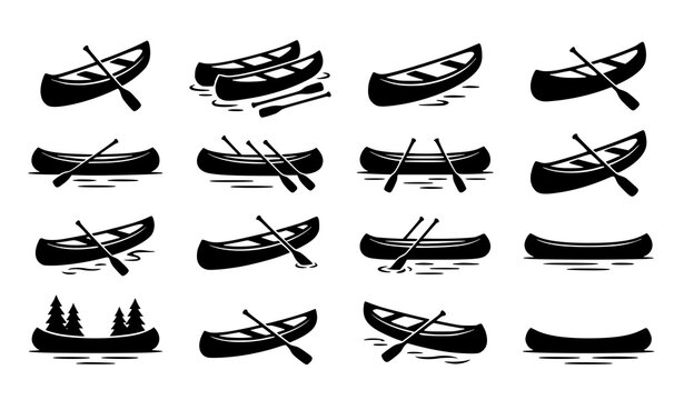 Various shapes and angles of rowboats and canoes in black silhouette.