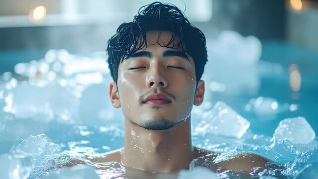 A serene man with closed eyes rests in a cold pool surrounded by ice chunks