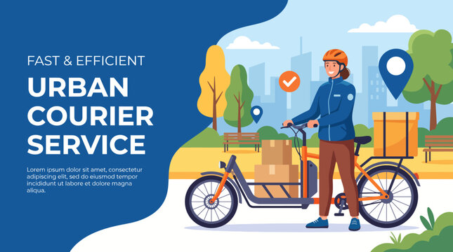 An illustration depicting an urban courier service with a bike, encapsulating efficiency, logistics, and the modern approach to delivery in a vibrant city environment.