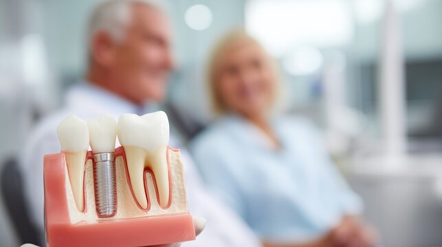 Model of dental implant integrated with jawbone and abutment shown in foreground representing dental implant planning and patient consultation in clinic.