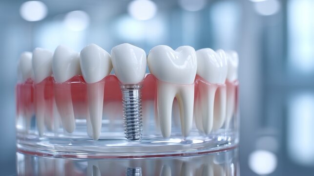 Dental implant planning model showing artificial tooth root integrated into jaw simulation with surrounding natural tooth and gum anatomy, representing implant placement and treatment planning.