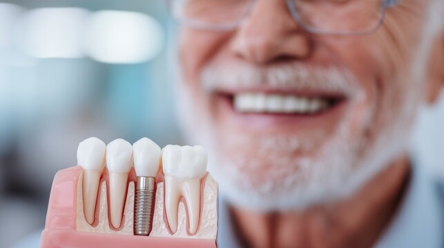 Dental implant planning concept showing a jaw model with implant placement diagram and an elderly patient smiling, representing implant treatment planning and prosthetic tooth restoration.