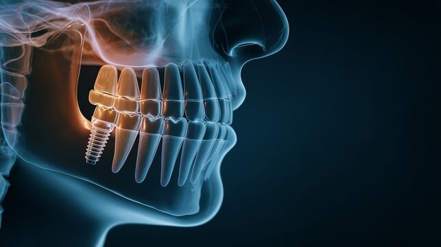 X ray style side view of jaw showing titanium implant screw inserted into gum near molar representing dental surgery implant procedure.