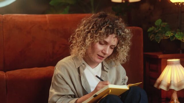 Frustrated curly haired woman writing in notebook and crossing out ideas while struggling with creative block at home. High quality 4k footage