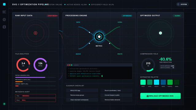 Dark vector SVG optimization dashboard showing raw file analytics, processing engine, cleanup checklist, compression yield, and color palette