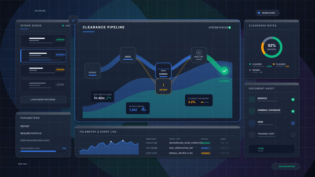 Dark vector background check dashboard showing clearance pipeline, intake queue, document audit, clearance rates, telemetry log, and status cards
