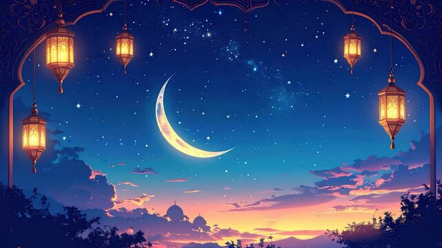 Nightscape illustration of crescent moon, stars, hanging lanterns, arched frame, and silhouette of buildings