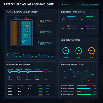 Battery recycling logistics dashboard with material extraction flow, chemistry sorting, recovery gauges, processing stages, network safety status