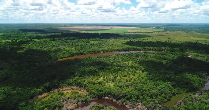 Meandering cerrado river crossing gallery forest, shrub savanna and expanding agricultural land near Arinos, Minas Gerais, Brazil within the Urucuia Plateau and S&atilde;o Francisco watershed, aerial shot