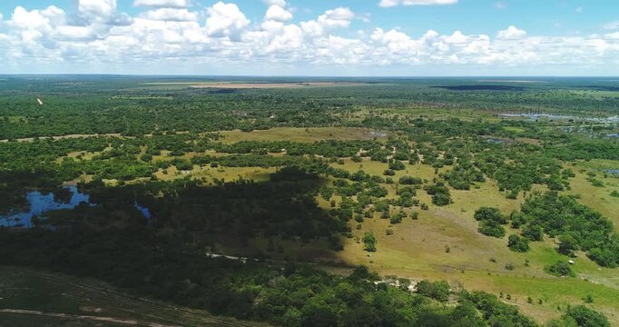 Seasonal wetland and open cerrado floodplain revealing river channels and gallery forest near Arinos, Minas Gerais, Brazil within the S&atilde;o Francisco basin. Drone yaw to left reveal aerial shot.