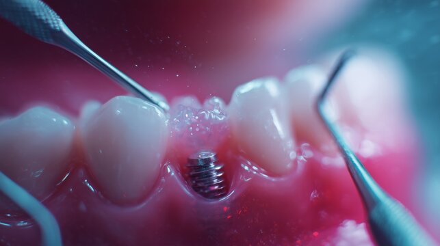Close up of a titanium dental implant screw placed in gum between natural tooth and surgical instruments representing implant surgery and gum healing.
