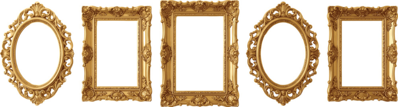 Antique Golden Picture Frames Set with Luxury Baroque and Rococo Ornate Borders for Elegant Interior Decor Vector