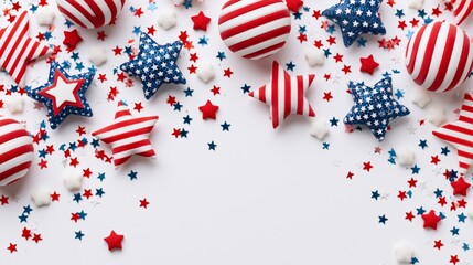 Obraz premium Patriotic flat lay with stars stripes decorations, confetti, top view, clean composition, copy space