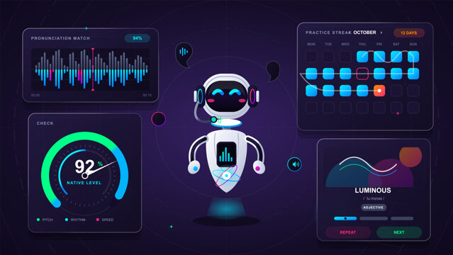 Language pronunciation practice app interface with robot tutor, voice waveform, native level gauge, streak calendar, and vocabulary review card
