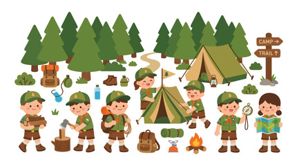 Naklejka premium Kids Scouts Camping Outdoor Adventure Flat Vector Illustration Set with Children, Tents, and Gear