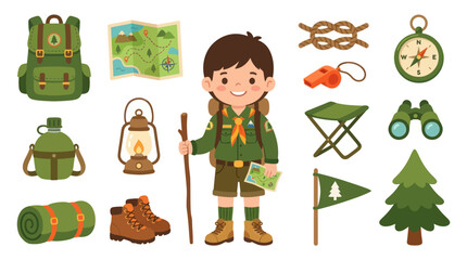 Fototapeta premium Scout Boy and Camping Equipment Flat Vector Illustration Set for Outdoor Recreation and Hobbies