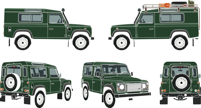 Classic Green Offroad SUV Vehicle Vector Set with Roof Rack for Overland Adventure Journey Layouts