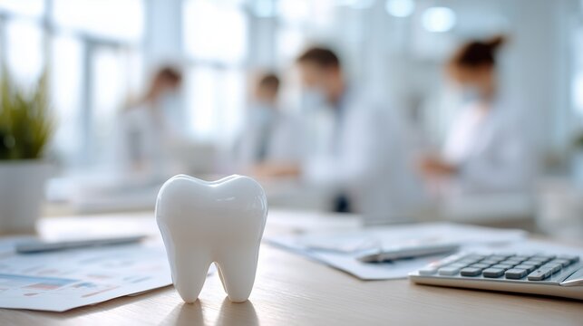 Model tooth on desk with blurred dental team and paperwork, representing dental insurance financing decision for oral surgery.