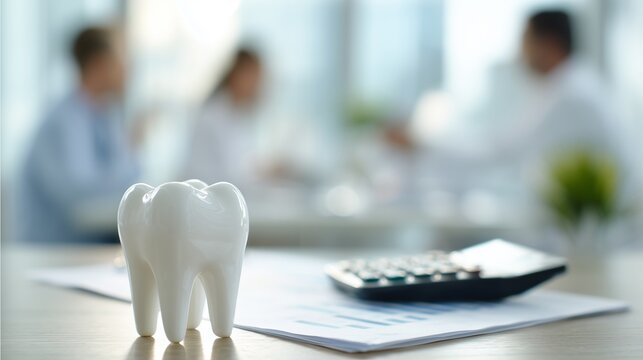 Model tooth on document with calculator in clinic foreground symbolizing dental insurance financing for oral surgery consultation and cost planning.