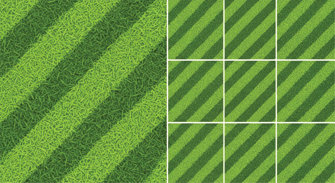Diagonal stripes of green grass texture divided into sections for sports field or lawn with parallel lines background abstract parallel sections