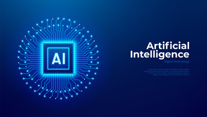 Fototapeta premium Abstract futuristic AI processor concept. AI semiconductor concept with glowing digital circuit lines. Vector banner with AI chip processor and digital circuit lines for tech presentation, branding.