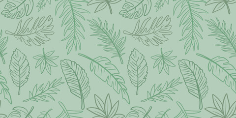 Fototapeta premium Seamless pattern of various tropical leaves. Exotic foliage silhouette on green background. Foliage print for textiles, wallpaper and packaging. Vector graphics
