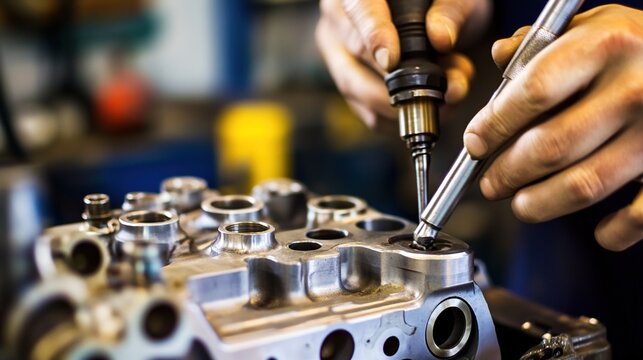 reaming. Worker using a reaming tool on an engine block in a workshop. safety posters, maintenance manuals, designed for precision metalworking and fabrication facilities, supports safety.