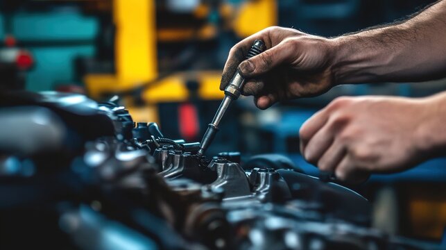 reaming. Worker using a reaming tool on an engine block in a workshop. safety posters, maintenance manuals, designed for precision metalworking and fabrication facilities, supports safety.