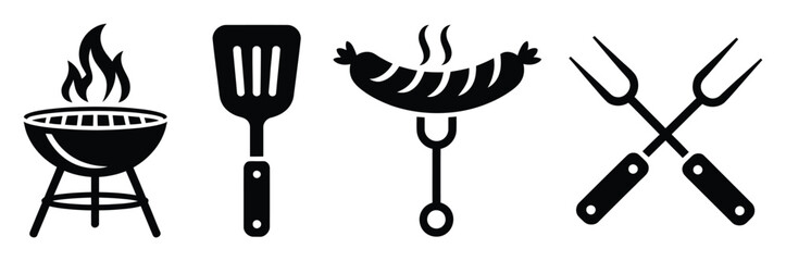 BBQ icon concept with barbecue grill tools fire skewers steak and outdoor cooking vector illustration © MDMILON 2