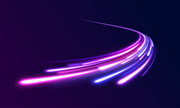 Shining comet beams cut across black cosmic background. Cyan neon circles spin with motion energy. Futuristic transparent effect with light rays.